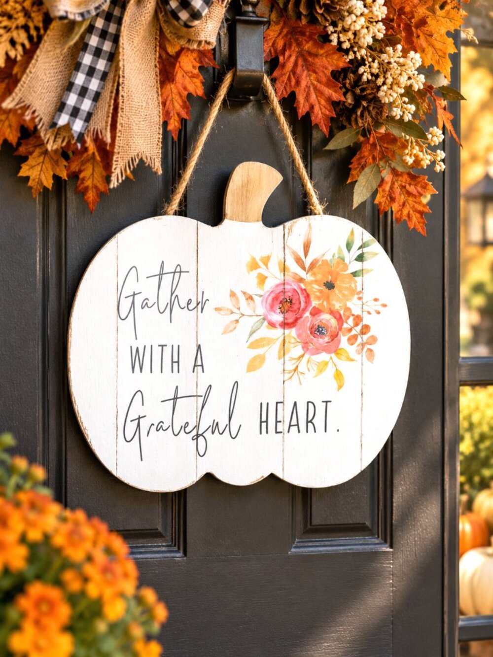 Gather With a Grateful Heart Pumpkin Hanging Sign Fall Autumn Thanksgiving Décor